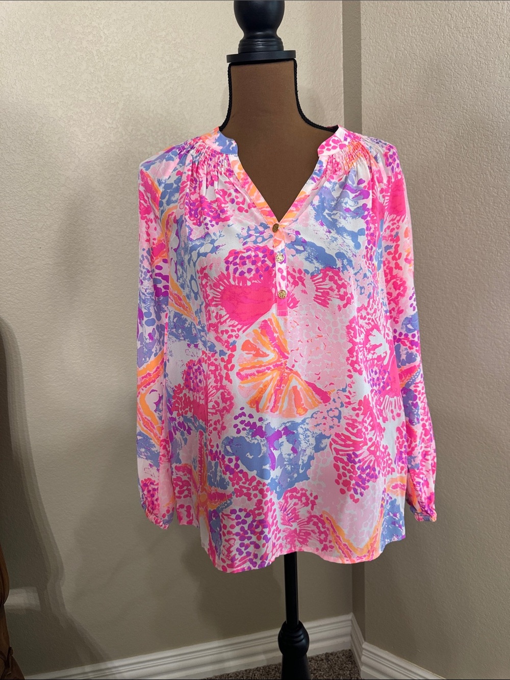 Lilly Pulitzer Pink Coral Lavender Shell-Print V-Neck Blouse